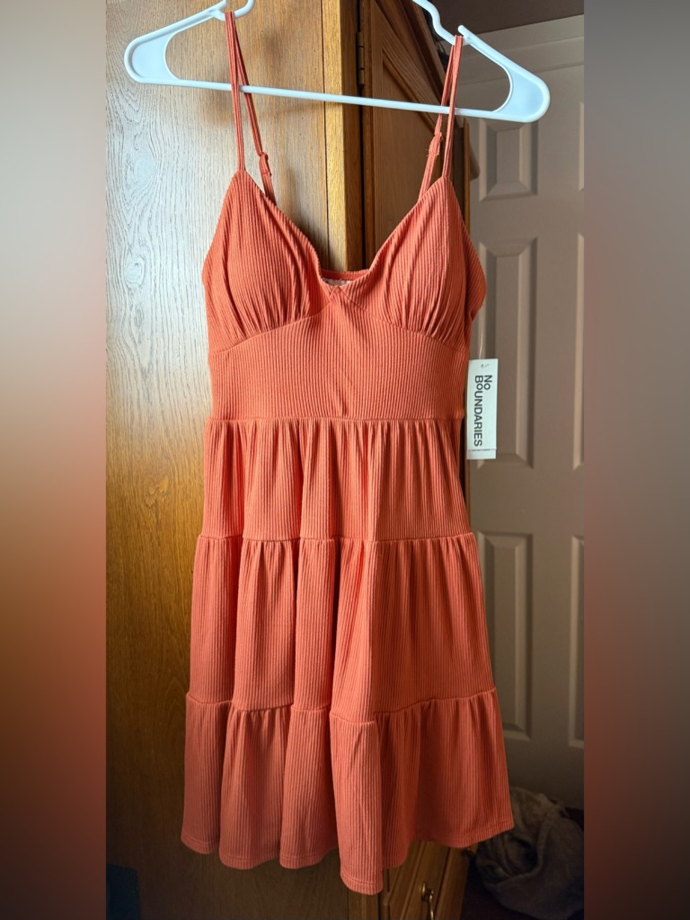 No Boundaries Coral-Orange Ribbed Tiered Dress